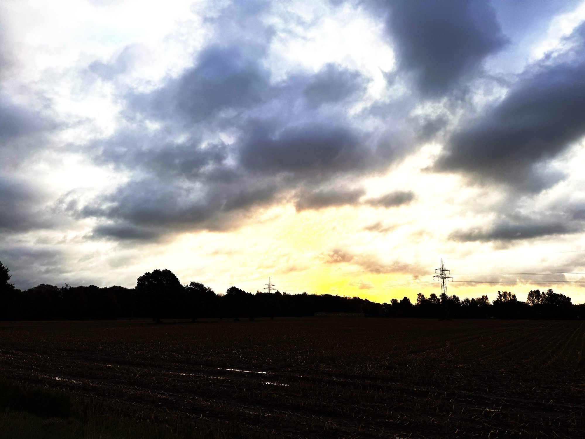 Ein abgeerntetes Maisfeld. Dahinter Wolken und ein wenig Sonne.