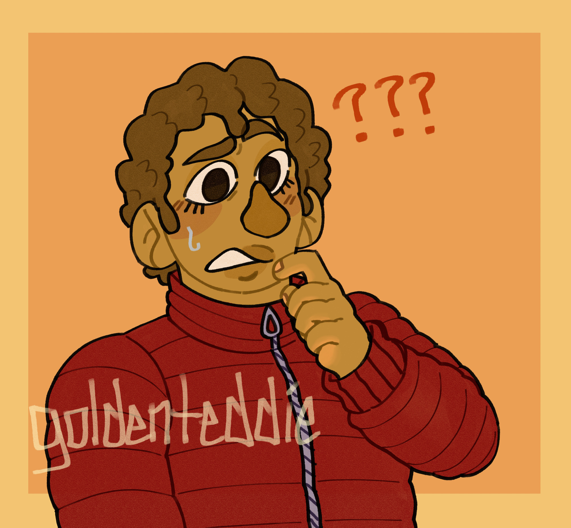 A digital drawing of Hilary from The Walten Files. She’s a person with brown skin, dark brown eyes, short and curly brown hair, and a round nose. She wears a red down jacket. She has her finger bent and to her chin, with a confused expression on her face. The background is a pale orange with a pale yellow border.