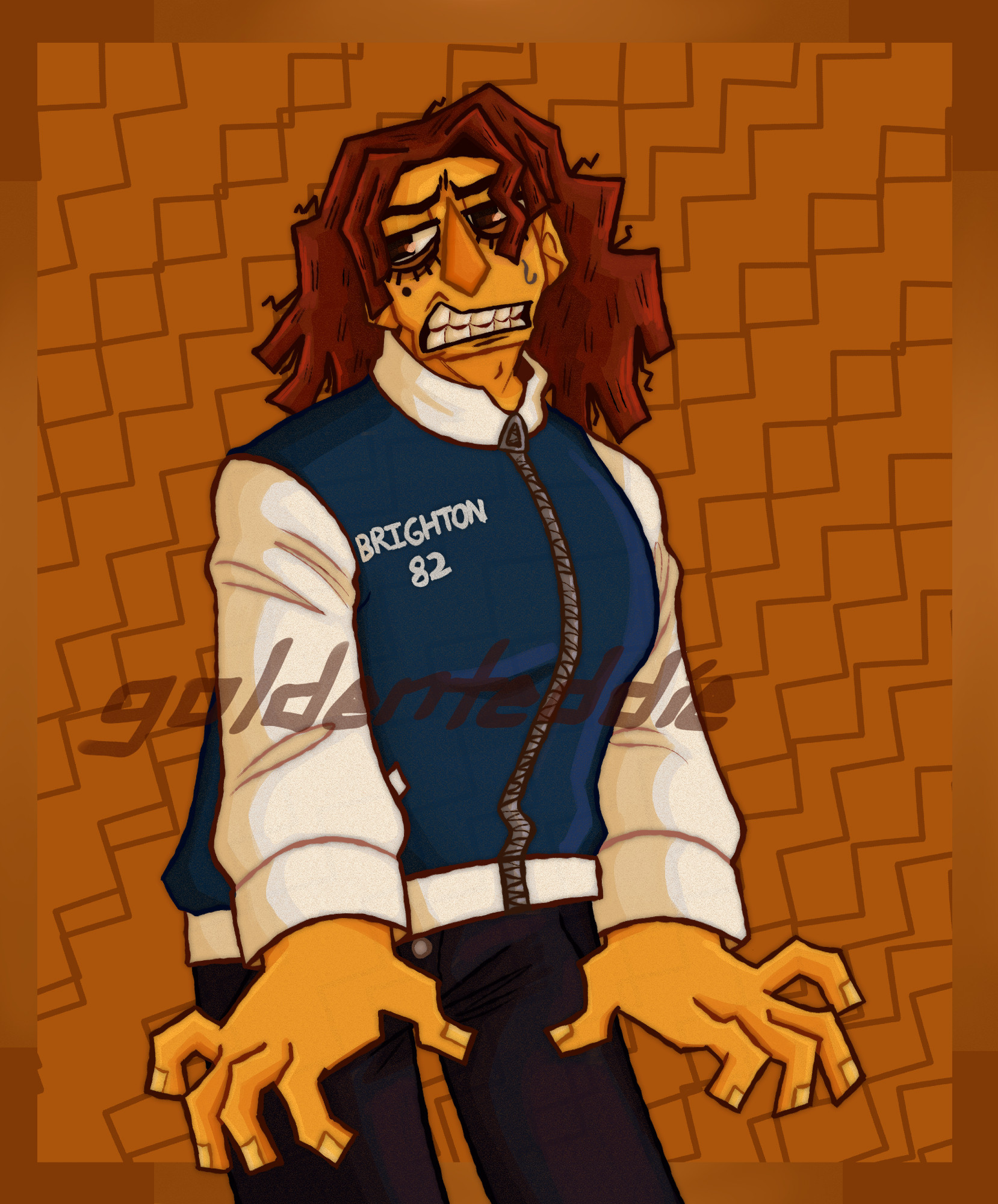 A digital drawing of Sophie Walten from The Walten Files. She’s a person with tan skin, dark brown hair that’s cut to around shoulder length. She has thick eyebrows, a long broad nose, dark brown eyes, and a mole under her right eye. She wears a blue and white varsity jacket with “BRIGHTON 82” lettering and black jeans. Her color palette is tinted in orange. She’s standing, slightly hunched over, and has her hands down by her side with her fingers splayed out and bent. She’s looking to the right and has an expression similar to a grimace. The background is a medium orange, with dark orange zig zag patterns across the page. There is also an orange ombred border, the corners being a darker orange.