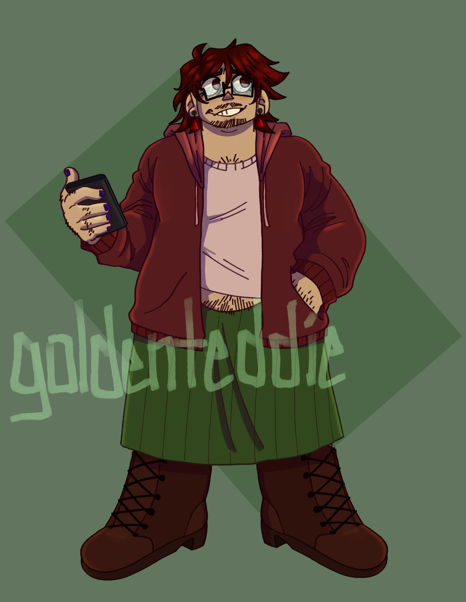 A digital drawing of Paul from Petscop. He has light skin, shoulder length red brown hair, glasses, stubble, purple nail polish, and red and green earrings. He's wearing an unzipped red hoodie, an off white t-shirt, a medium length green skirt, and brown boots. Paul is standing, having one hand in his pocket and the other holding a smart phone. He's looking off to the side with a smile. The background is a pale green with a more saturated green box, titled, on it.