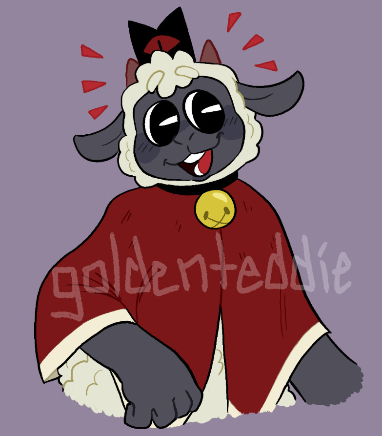 A digital drawing of Lamb from Cult of the Lamb. They’re an anthropomorphic sheep with gray skin, off-white wool, and small horns. They wear a red cape, a black collar with a golden bell, and a black crown with a red eye in the center. They’re looking to the right with a happy expression.