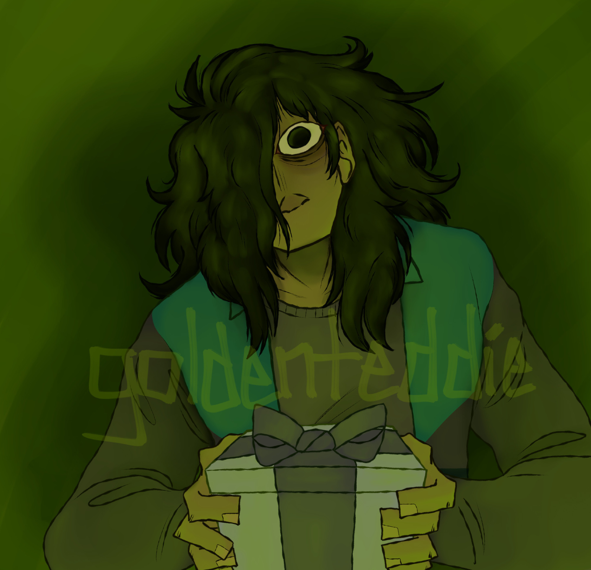 A digital drawing of Rainer Hammond from Petscop. He’s a person with light skin, messy and long dark brown hair, and dark brown eyes. They wear a purple and teal windbreaker jacket with a light purple sweater underneath. He’s looking forward with a dead stare, one eye covered by his hair and they have no mouth. He’s holding a white gift box with a light purple ribbon and bow. The background is a dark green cloudy texture and Rainer’s color palette is tinted in a yellow-ish green.