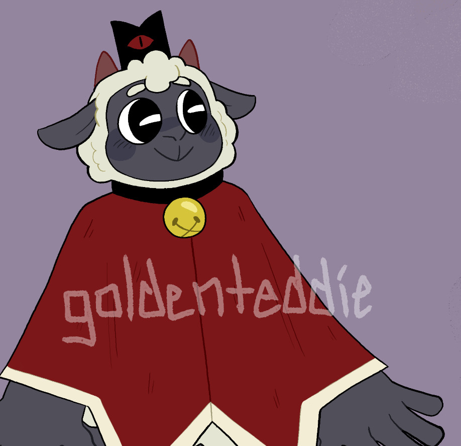 A digital drawing of Lamb from Cult of the Lamb. They’re an anthropomorphic sheep with gray skin, off-white wool, and small horns. They wear a red cape, a black collar with a golden bell, and a black crown with a red eye in the center. They’re standing and looking to the right, a content expression on their face.