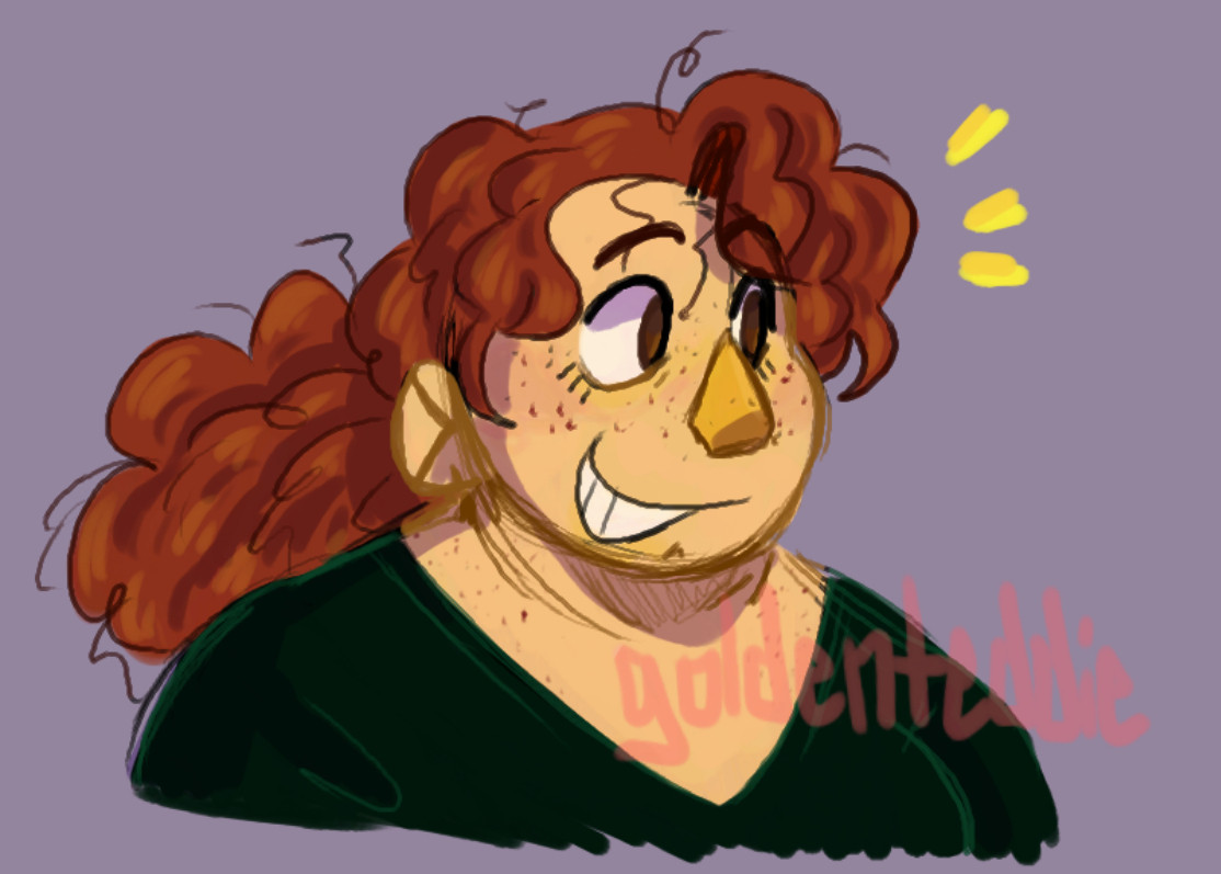 A digital drawing of Jenny Letterson from The Walten Files. She’s a person with light skin, red and curly hair, brown eyes, a rounded nose, and freckles. She has her hair tied up in a low ponytail and is wearing a dark green v neck shirt. She’s looking to the right and smiling.