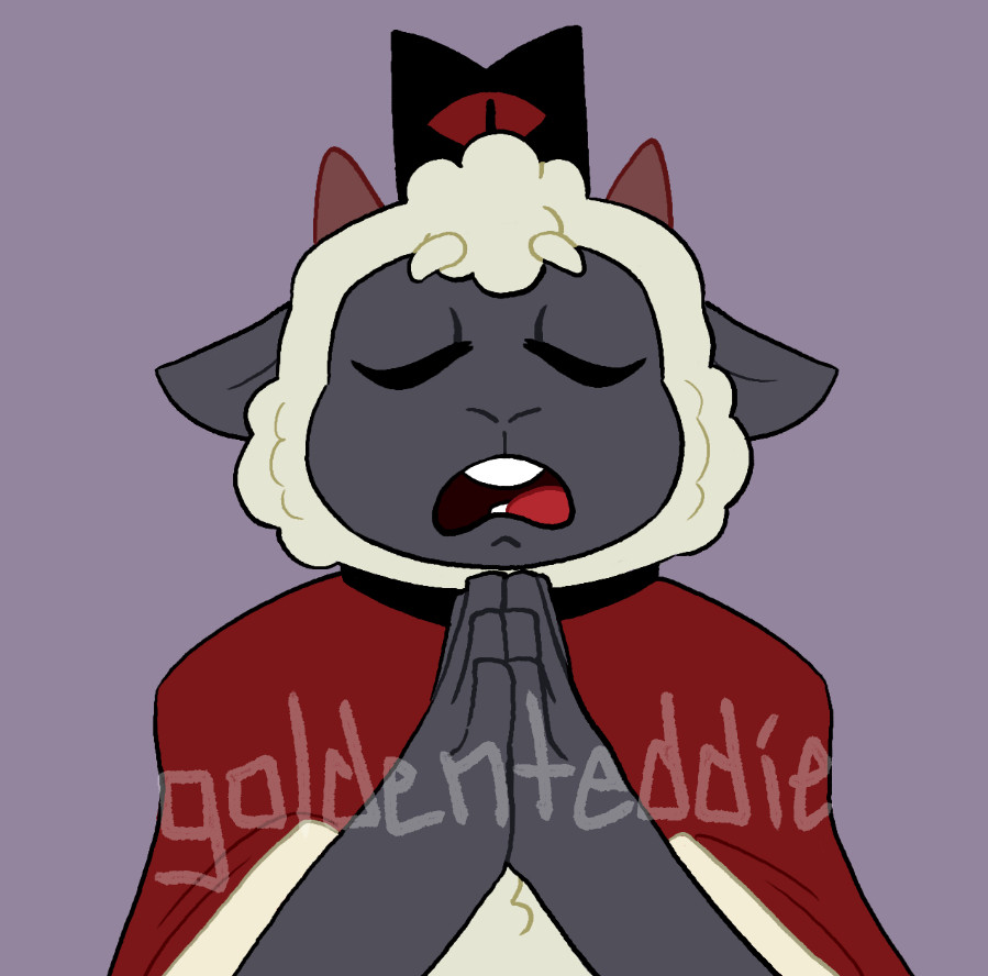 A digital drawing of Lamb from Cult of the Lamb. They’re an anthropomorphic sheep with gray skin, off-white wool, and small horns. They wear a red cape, a black collar with a golden bell, and a black crown with a red eye in the center. They’re baaing while having their eyes closed, hands in a praying position. 