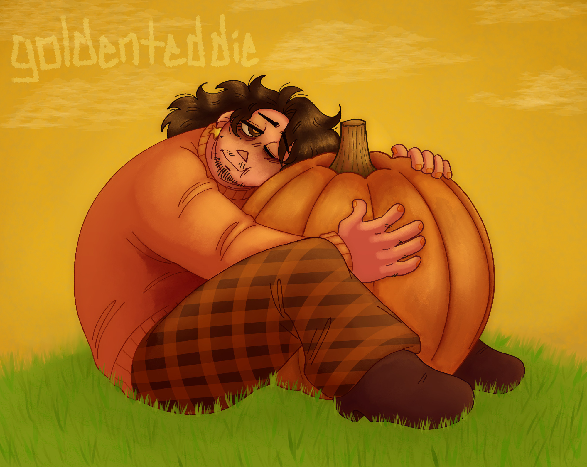 A digital drawing of a person with light skin, shoulder length brown hair, brown and orange eyes, and stubble. They’re wearing yellow star earrings, orange nail polish, an orange sweater, brown and orange plaid pants, and brown boots. They’re sitting in grass, with a huge pumpkin in zir lap, holding onto and leaning their body against it. Ze has a relaxed and affectionate expression on their face. The sky is yellow with wispy white clouds.