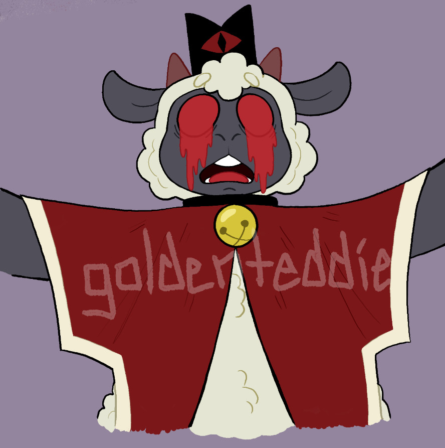 A digital drawing of Lamb from Cult of the Lamb. They’re an anthropomorphic sheep with gray skin, off-white wool, and small horns. They wear a red cape, a black collar with a golden bell, and a black crown with a red eye in the center. The lamb has their arms raised, while their eyes have gone red and are “bleeding”. 