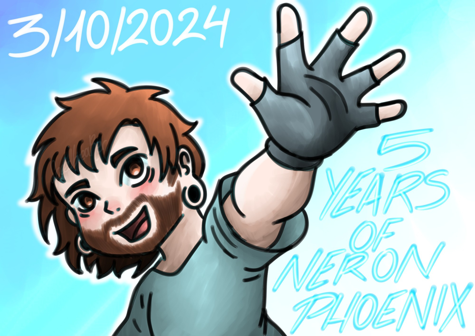 My oc Neron Phoenix with his left hand up, making a 5, for his 5th year anniversary.