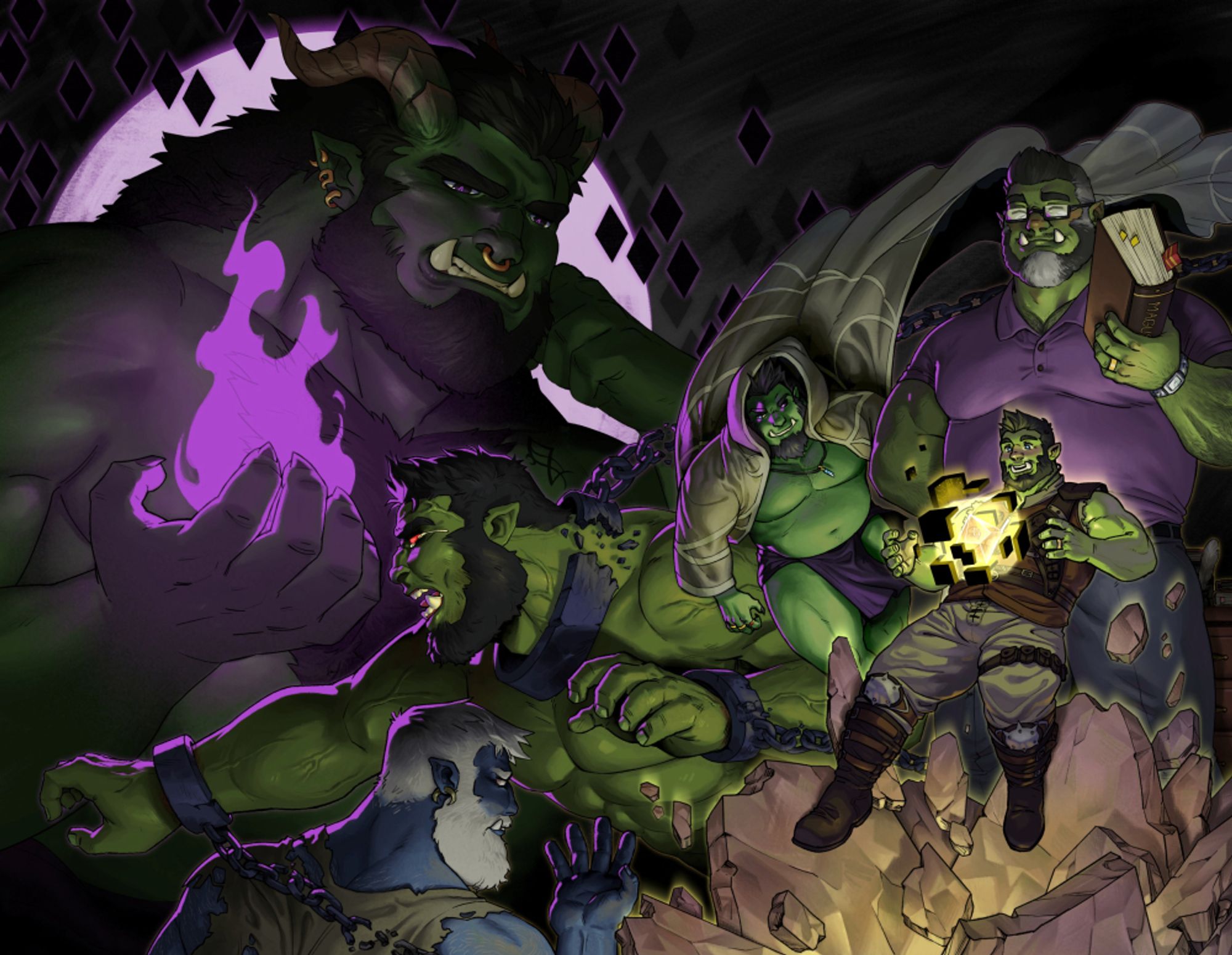 An illustration featuring several versions and AUs of Brex, the central orc character in @orcanist's stories and lore. Clockwise from top right: Professor Brex, in his mid-to-late 30s with grey in his hair and beard, holds a thick tome while wearing a tight purple polo that hugs his dadbod. Lower right: Classic Brex, amazed as a magic artifact expands and erupts with color and light from its core. To his left: Cultist Brex, a hedonist wearing only his cultist robes and a loincloth. Next on the left: Brex filled with orcish rage as he breaks free from metal chains and restraints, eyes red. Below him, Deep Brex, blueish gray-skinned orc with white hair and a long beard, wears rags as he looks at his own hand. Looming over them all is Demon Brex (aka Aros), holding magic fire in his hands with a purple-tinted moon behind him.