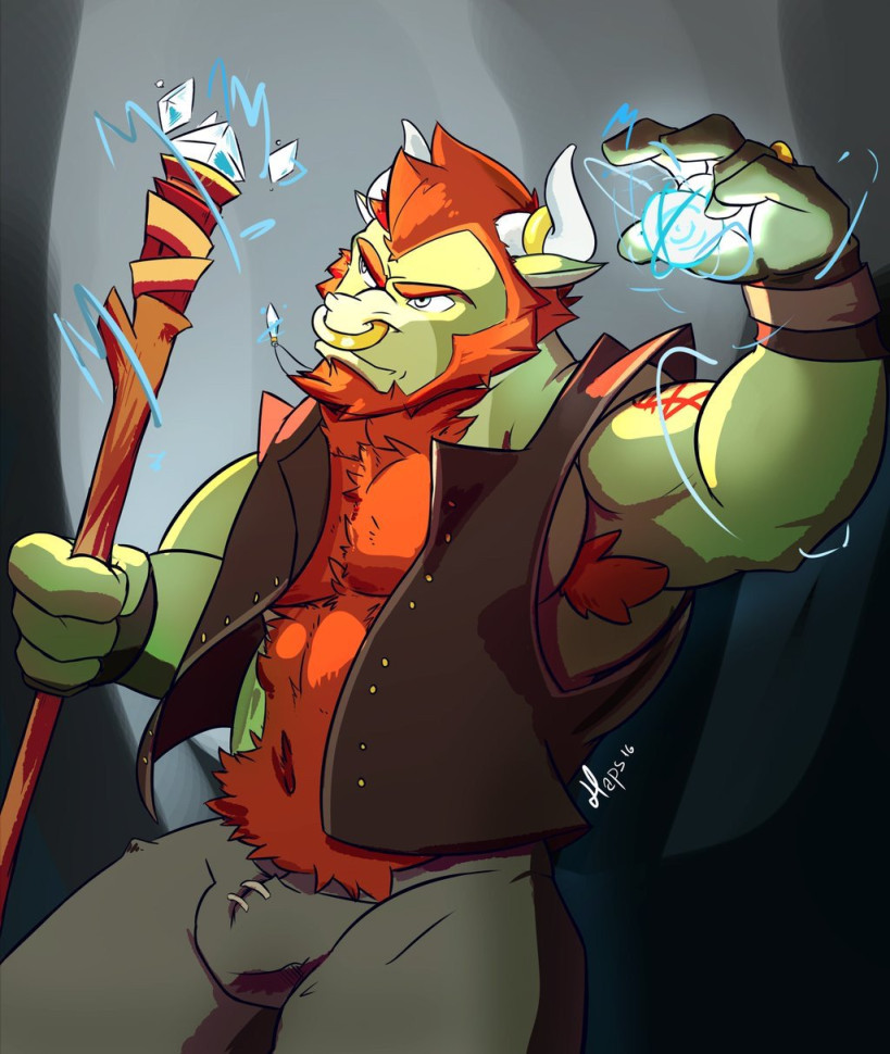 Carris, a green and orange haired minotaur, channels a spell through his staff in his right hand, magic flowing up to his raised left hand.