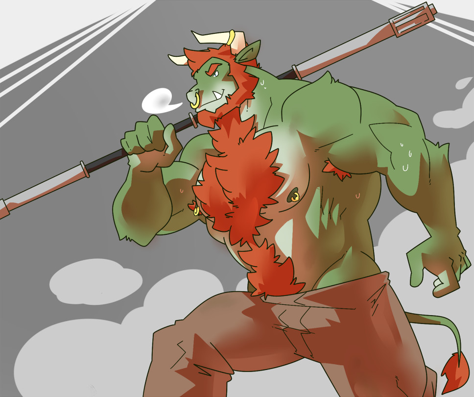 Carris, a green and orange haired minotaur, stands triumphant with a staff over his shoulder and his chest puffed out.