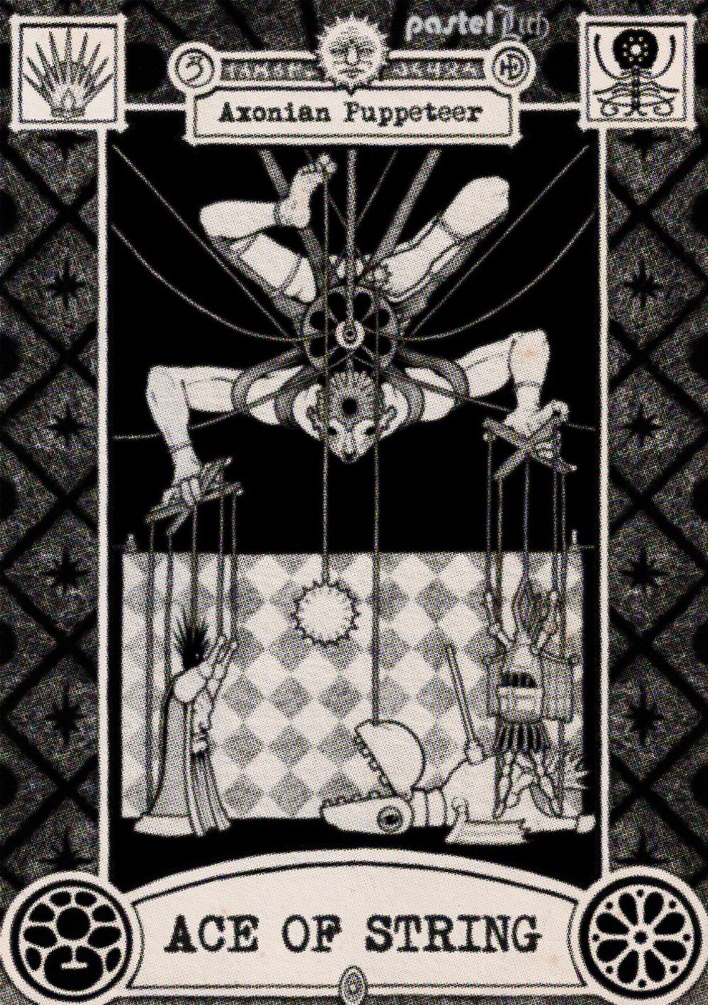 A monochrome playing card showing a puppeteer dangling upside down in darkness, held up by strands of string, using hands and feet to control small puppets. A thick border containing occult symbols surrounds the scene, with the words "Axonian Puppeteer" above, and "ACE OF STRING" below