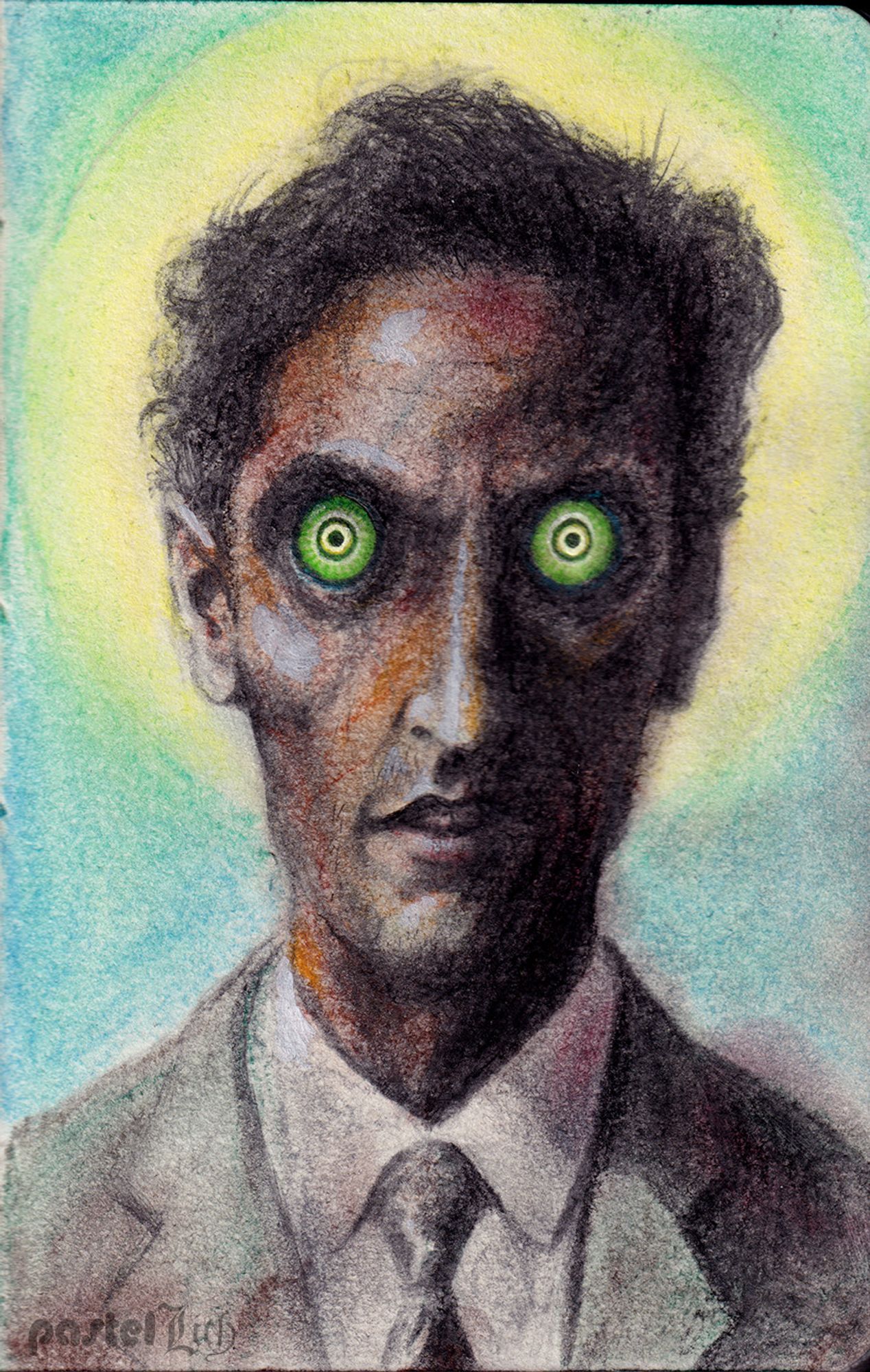 Portrait of a man in a suit staring directly at you with large round green and yellow eyes