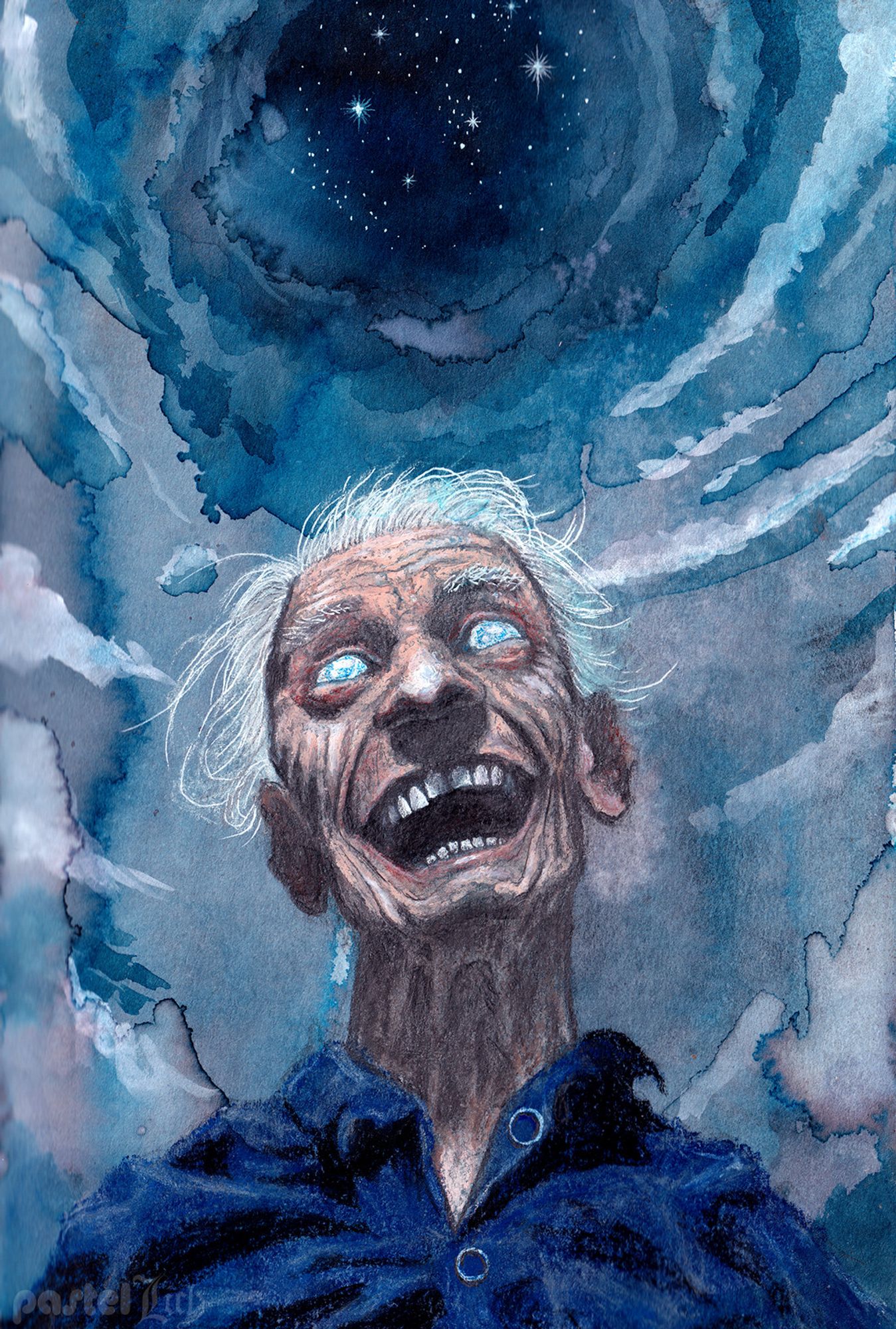 Old man with wispy white hair and pale blue eyes looks up at a blue clouded starry sky with an expression of manic joy