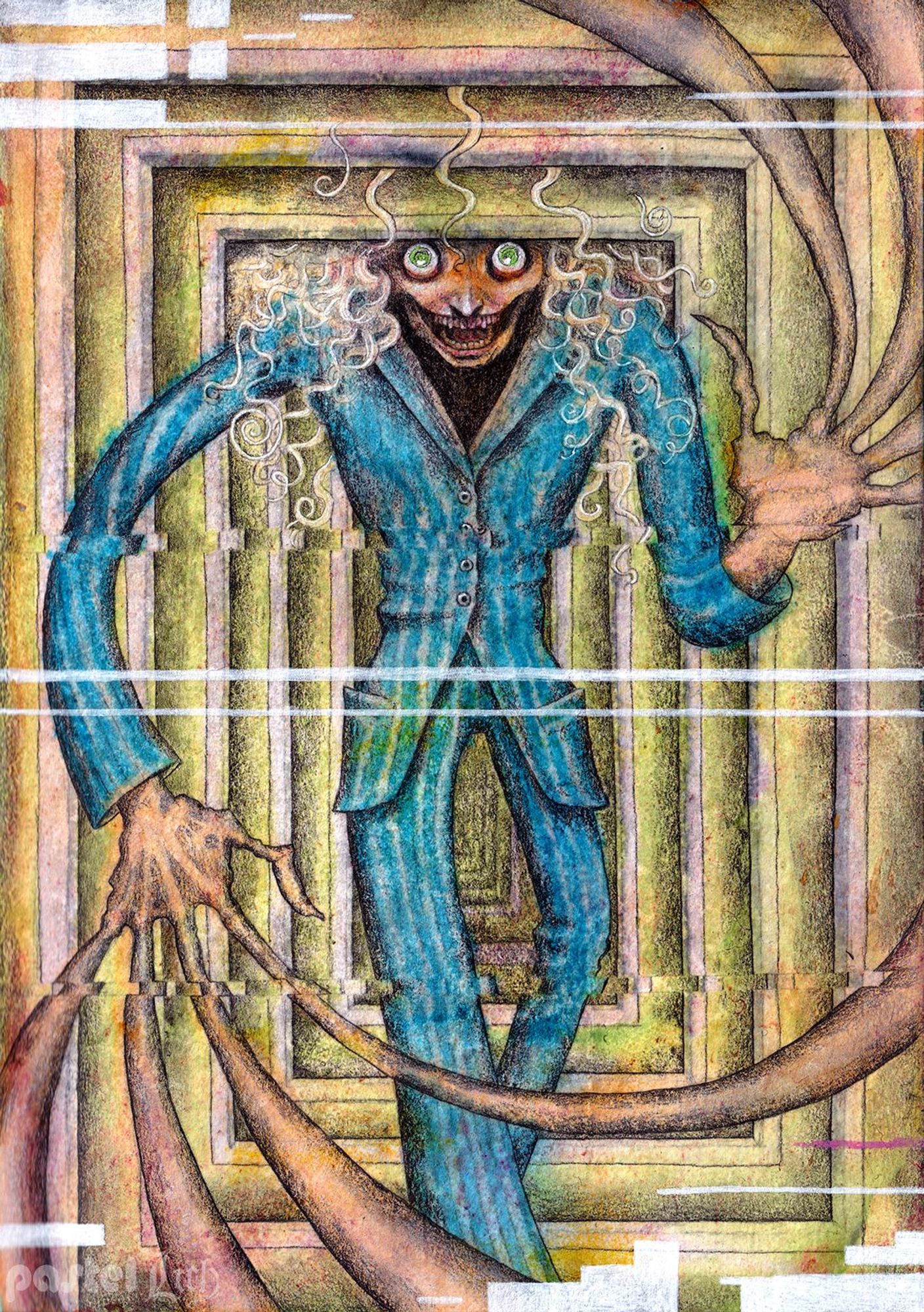 Glitchy pastel drawing of Michael Shelley from TMA running towards you through a series of spiral doorways