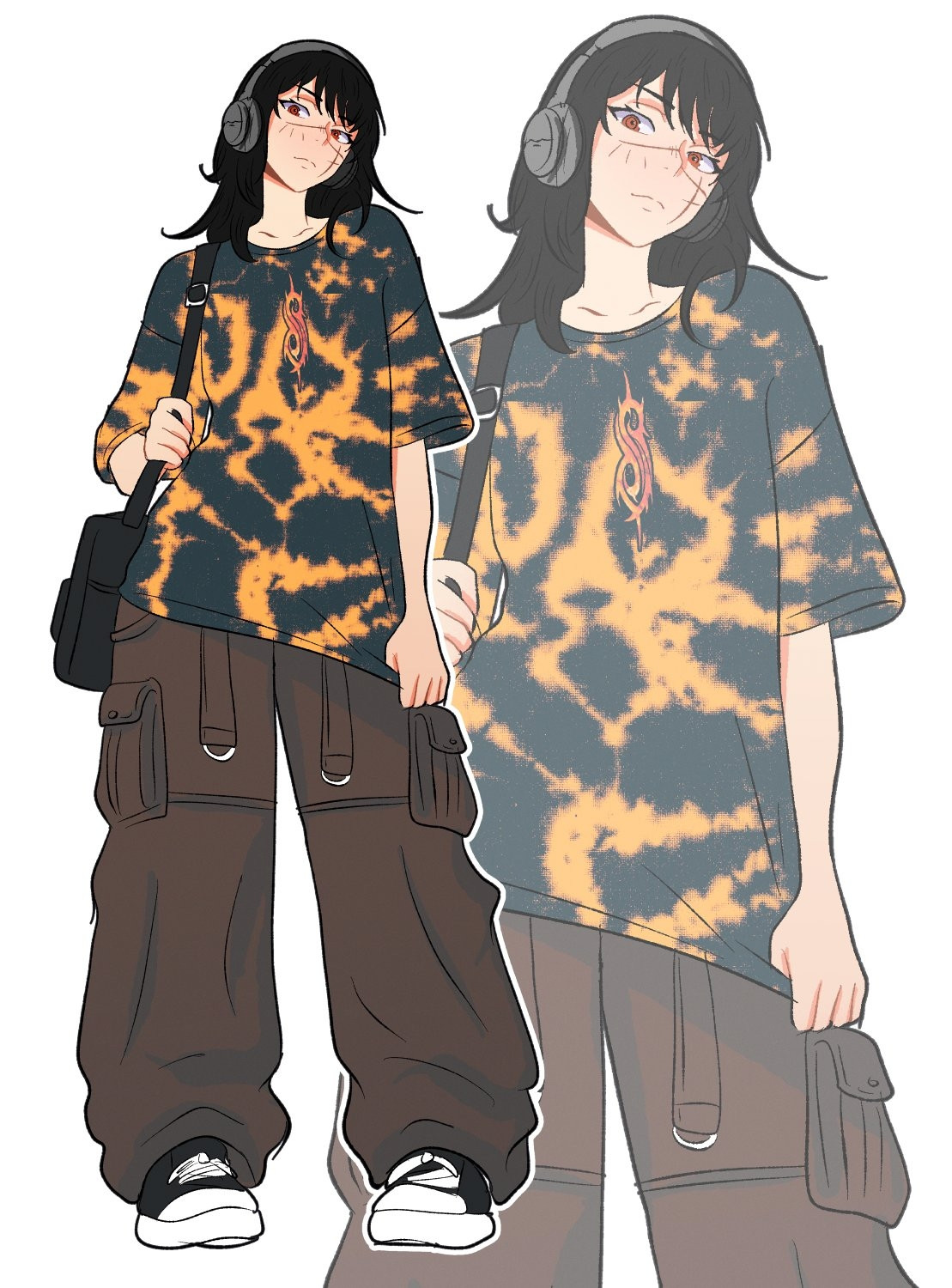 Yoru in a tie dye shirt and baggy cargo pants