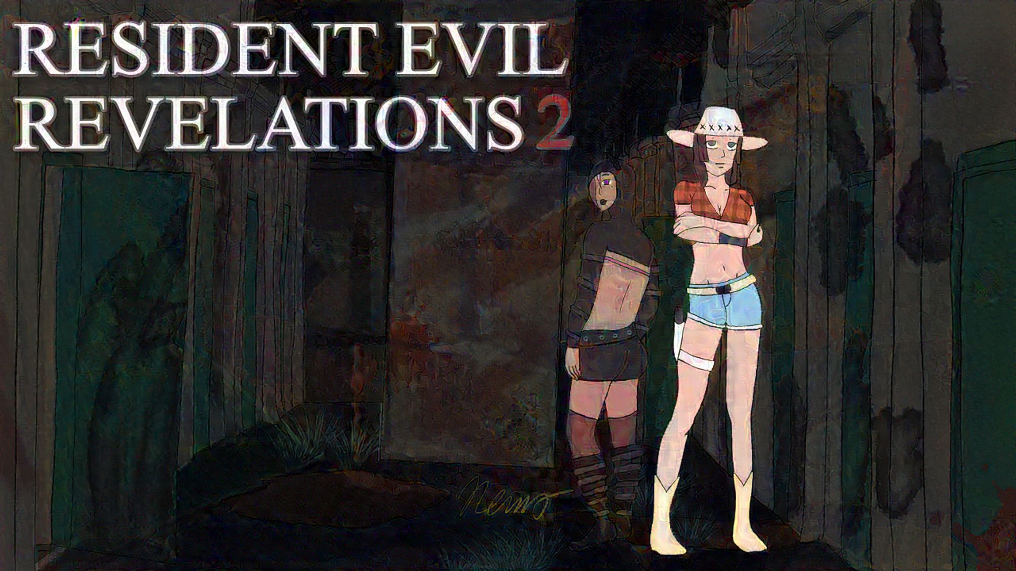 An abandoned prison hallway. Claire Redfield is there, dressed as a cowgirl, and Beatrice is dressed up as Moira's urban ninja costume. The top left says, "Resident Evil Revelations 2".