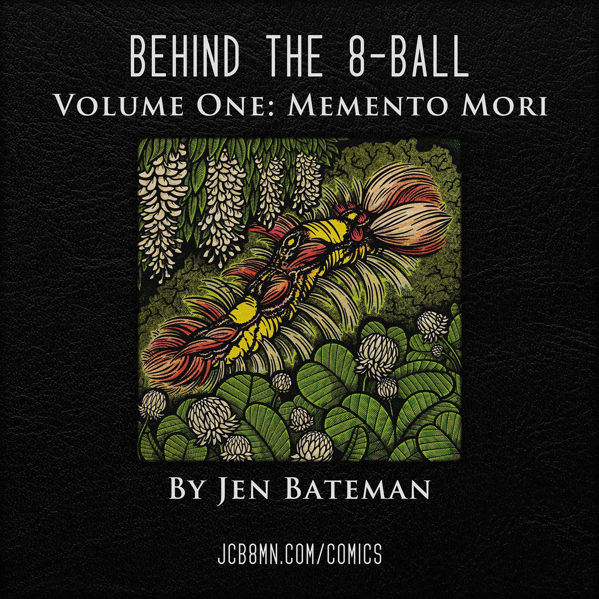 rendering of a black leather memory-book cover including the title with an inset drawing of a yellow and red Blue Morpho butterfly caterpillar