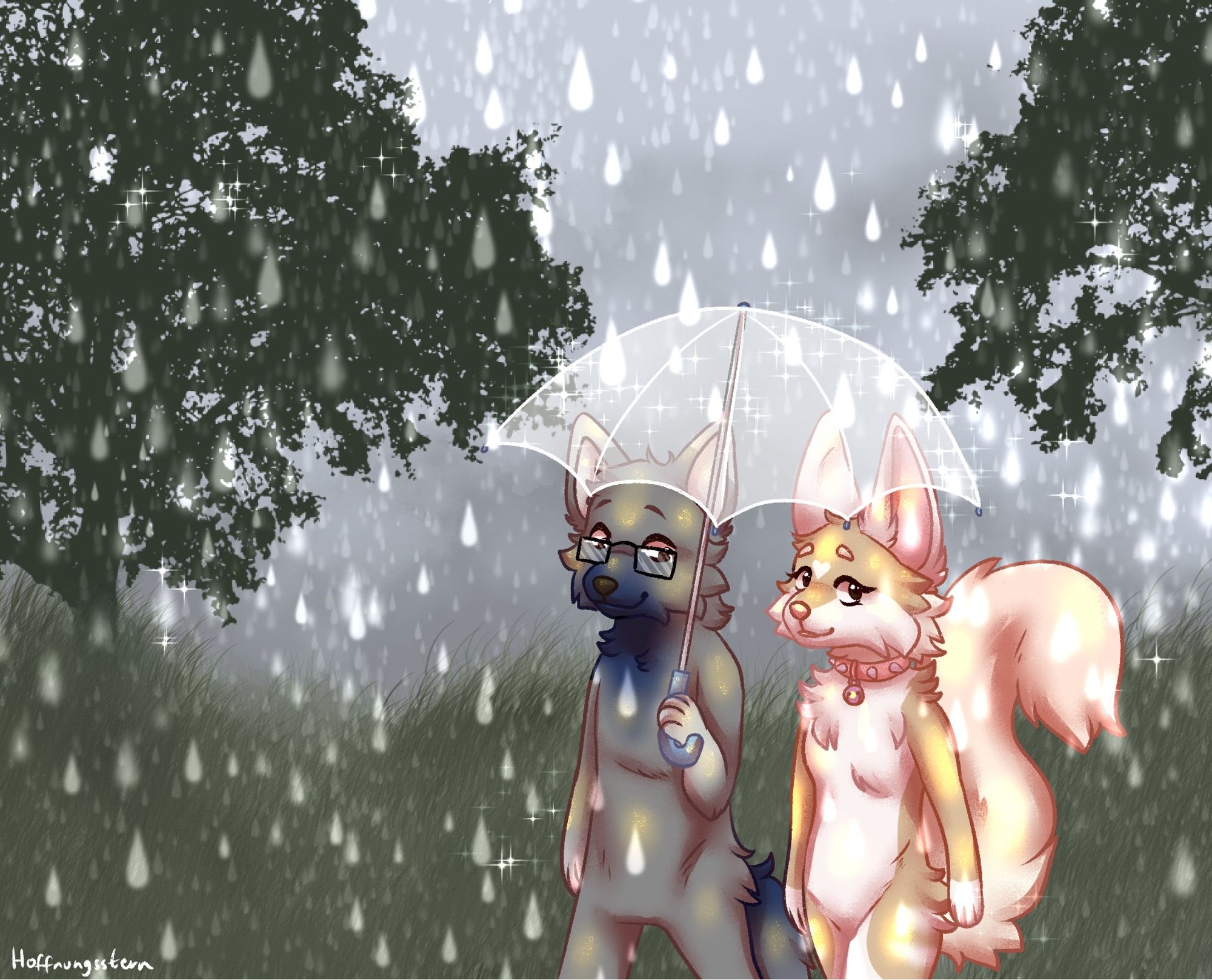 Grey fennec Fox and tan squirrel bunny hybrid walk in the rain under an umbrella