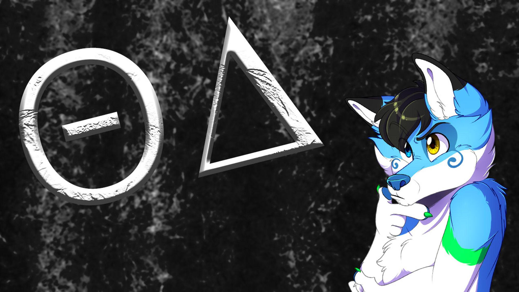 Teaser picture of my upcoming project, art of my fursona thinking by Troll_Artistry, embossed letters of Theta Delta symbols "ΘΔ", grungy asphalt background