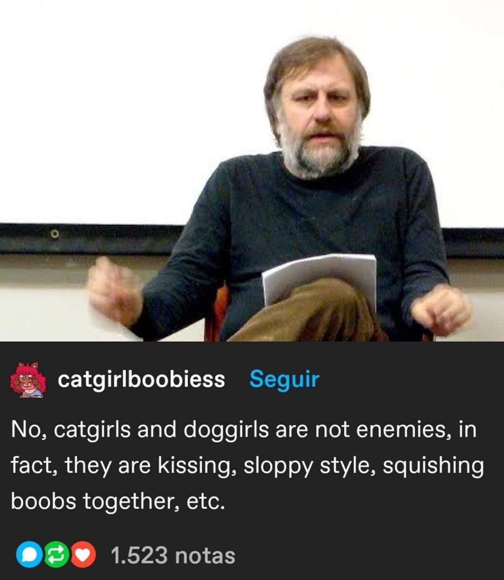 No cat girls and dog girls are not enemies, in fact, they are kissing, sloppy styles, squishing boobs together, etc. by poster cat girl boobies it is Slavoj Ziszek. If you can imagine this in his voice you have already won