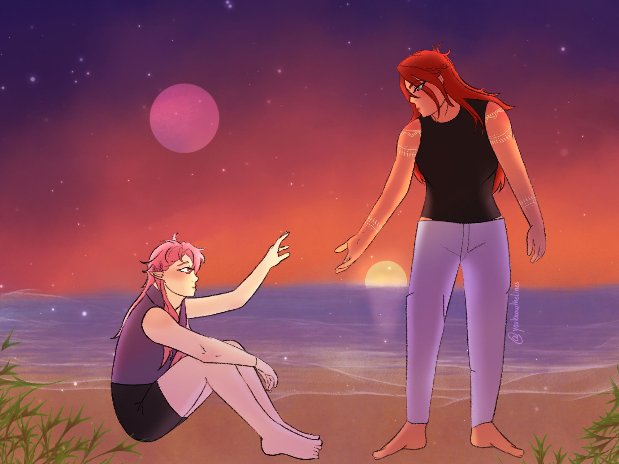 Dante reaches out to Aster, who's sitting on the sand at the beach. There are tiny stars all around them, and both the sun and the moon are in the sky. It's late evening.