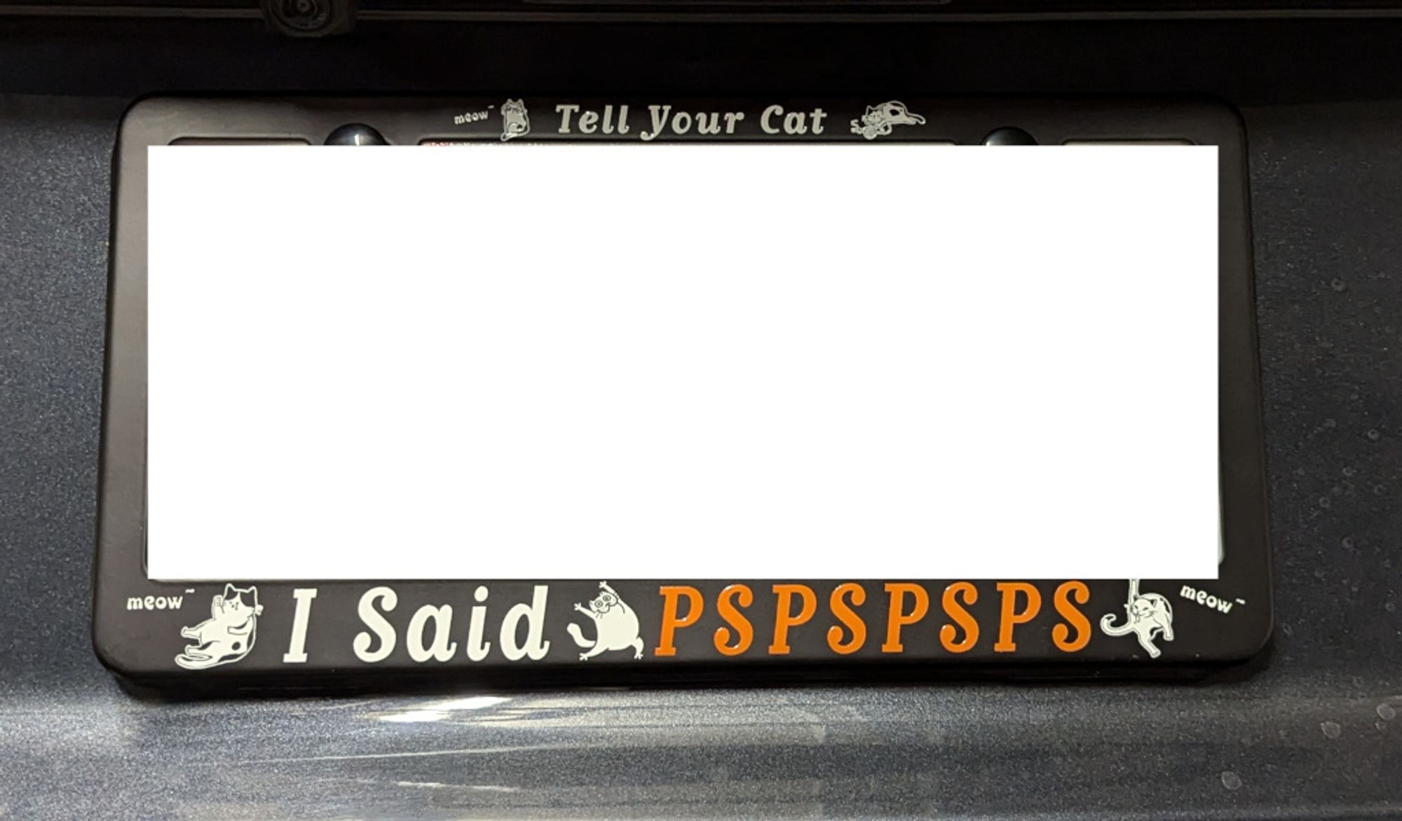 Picture of a license plate holder that has cartoon images of cats and the words "Tell Your Cat I Said PSPSPSPS"