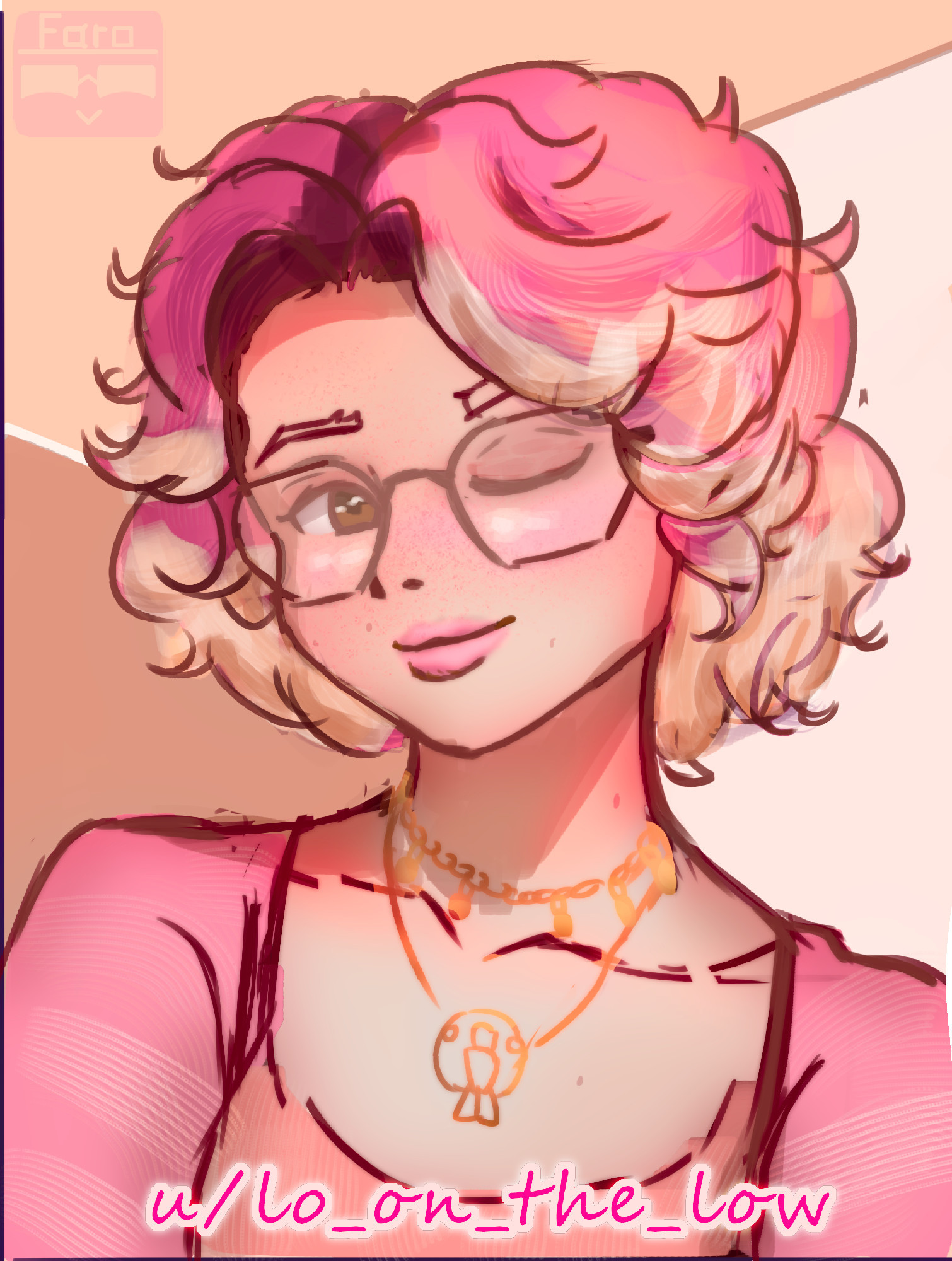 An anime inspired potrait of a young women with neck-long,wavy, pink hair with white-ish highlights. 
She wears two golden necklaces,a pink jacket, square-ish glasses as well as an orange tank top.