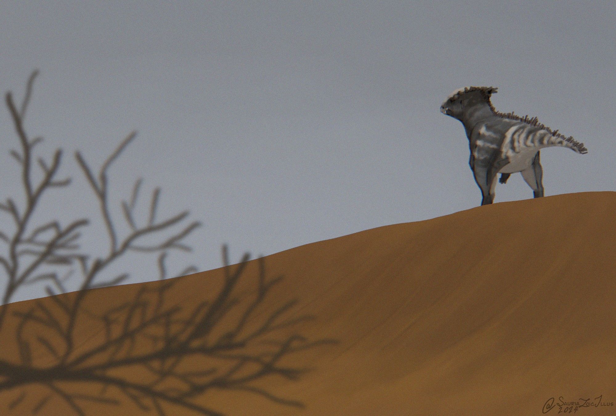 a Goyocephale stands atop a sand dune looking into the horizon