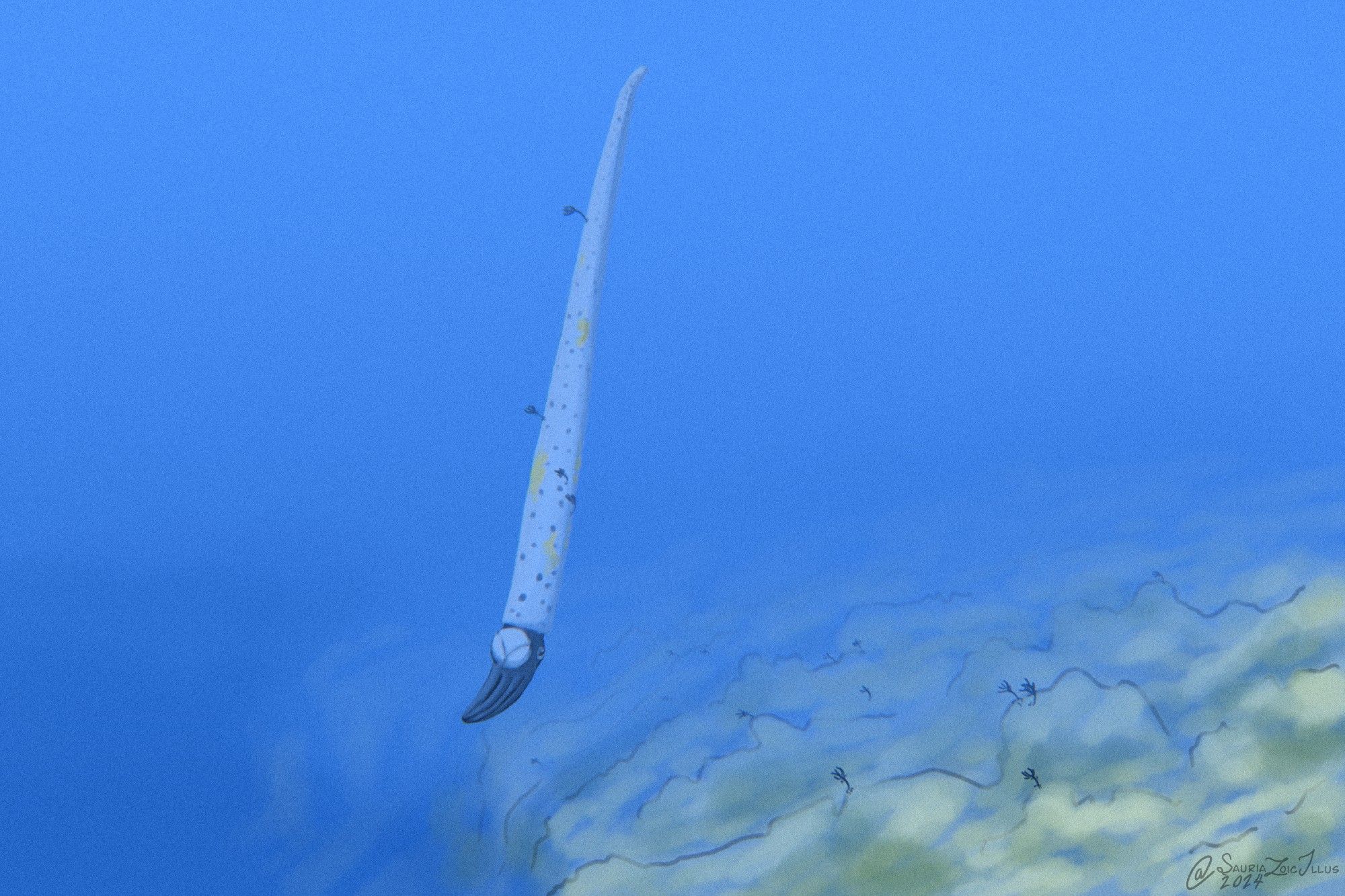 a lone Cameroceras swims on the edge of an ocean drop off. its shell is covered in yellow encrusting bryozoans, and parasitic crinoids, other crinoids can be seen on the rocks