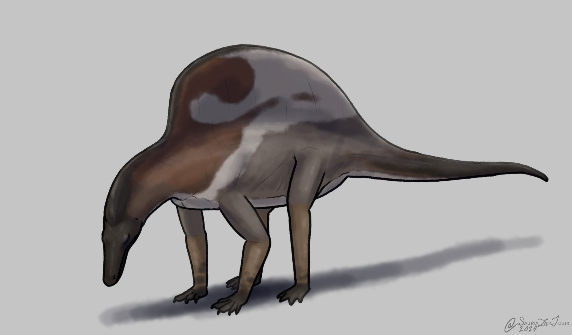 a Ctenosauriscus stares at the ground in a grey void