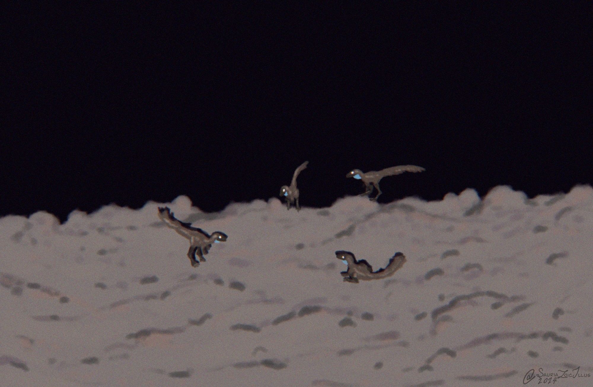 a group of four Saltopus congregate at the top of a rocky hill during the night. an artificial light from behind the camera illuminates them