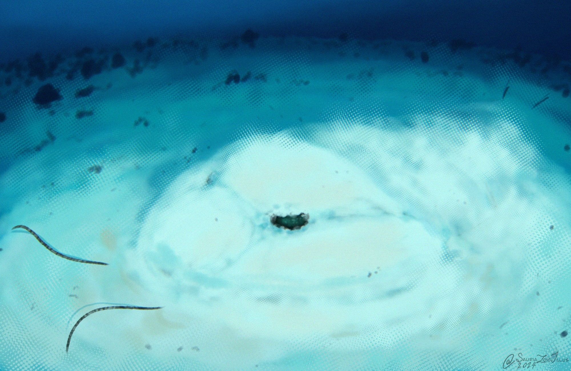 an Isotelus rex is illuminated by an artificial light as it waits under the sediment for prey to pass by, its antennae and eyes poke above to sense its surroundings