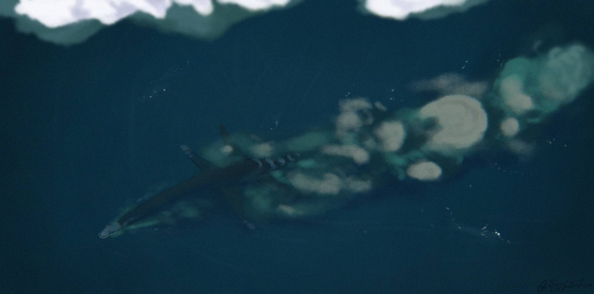 a Morturneria sifts through silt by some small icebergs