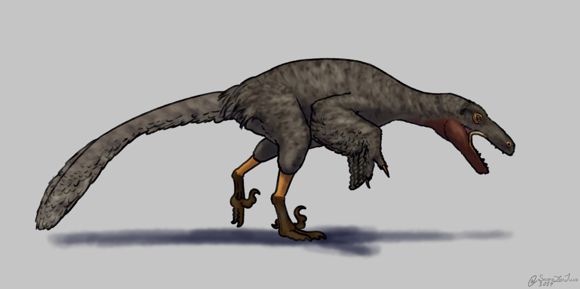 a Saurornitholestes screams at the ground in a grey void