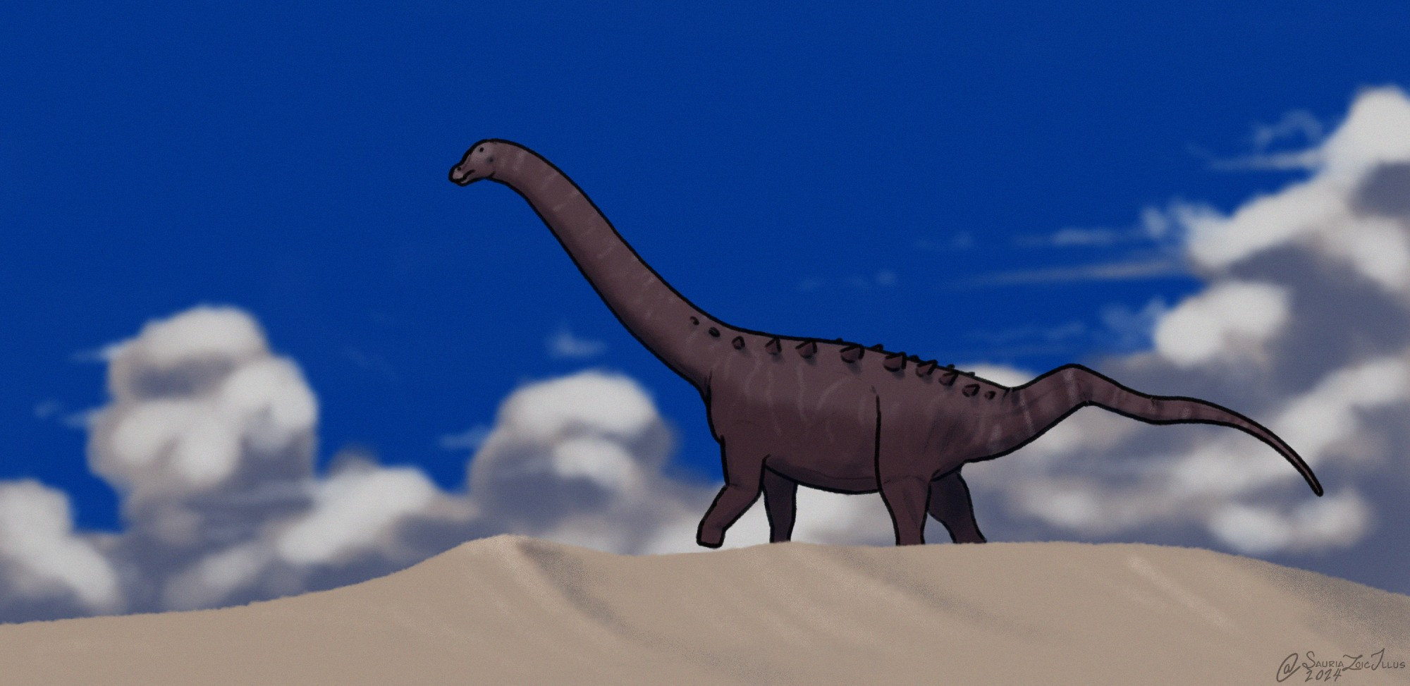 a Trigonosaurus with multiple healed pathologies in its tail walks across a sand dune, clouds can be seen in the back