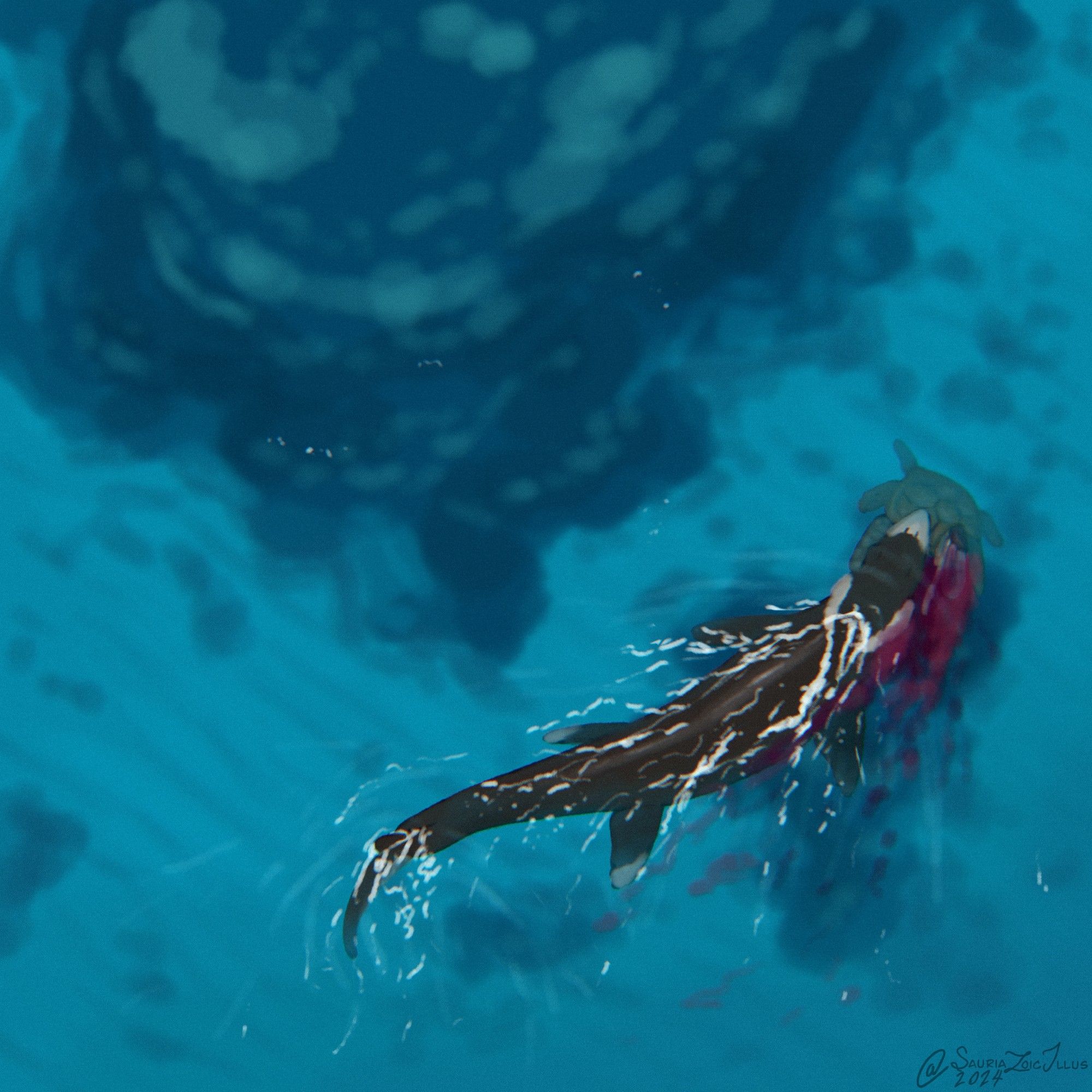 a Thalassotitan has caught a protostegid turtle by a reef. an initial fatal bite was landed, the blood from the wound spreads as the Thalassotitan swims away with its new meal