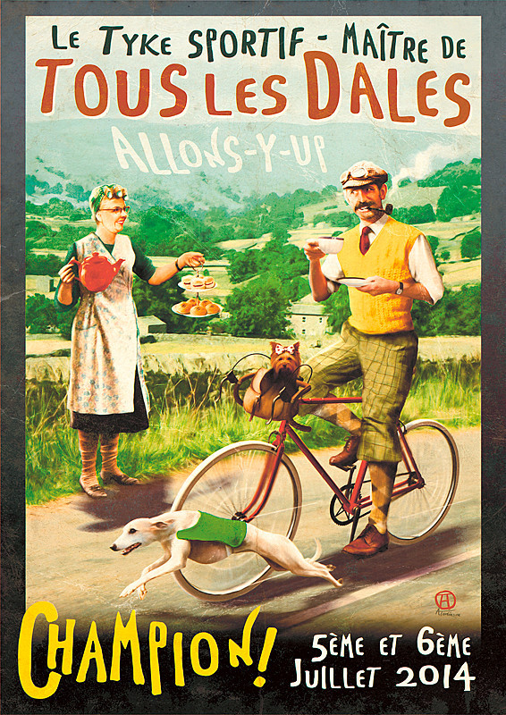 Poster from 2014 to celebrate the Tour de France starting in Yorkshire. It shows a Yorkshireman in a flat cap and yellow knitted tank top, smoking a pipe while drinking a cup of tea and riding his bike along the route of the Grand Depart (on the B6270 just outside Gunnerside). There is a Yorkshire terrier with King of the mountains spotted bow sittign in bag on his handlebars and a white whippet with green sprinters jersey racing alongside. Standing at the side of the road is a woman (modelled by my mam) dressed in the style of Nora Batty holding a cake stand with scones and fat rascals in her left hand and a big red Yorkshire teapot in her right hand. In the background are the field and famous Swaledale barns. A chalk design is carved into the hillside which reads ALLONS Y UP. The rest of the typography on the poster is supposed to be in the style of a Toulouse Lautrec poster and reads Le Tyke Sportif – Maître de tous les dales (The Sporting Tyke – Master of All The Dales) Champion! 5th and 6th July 2014.