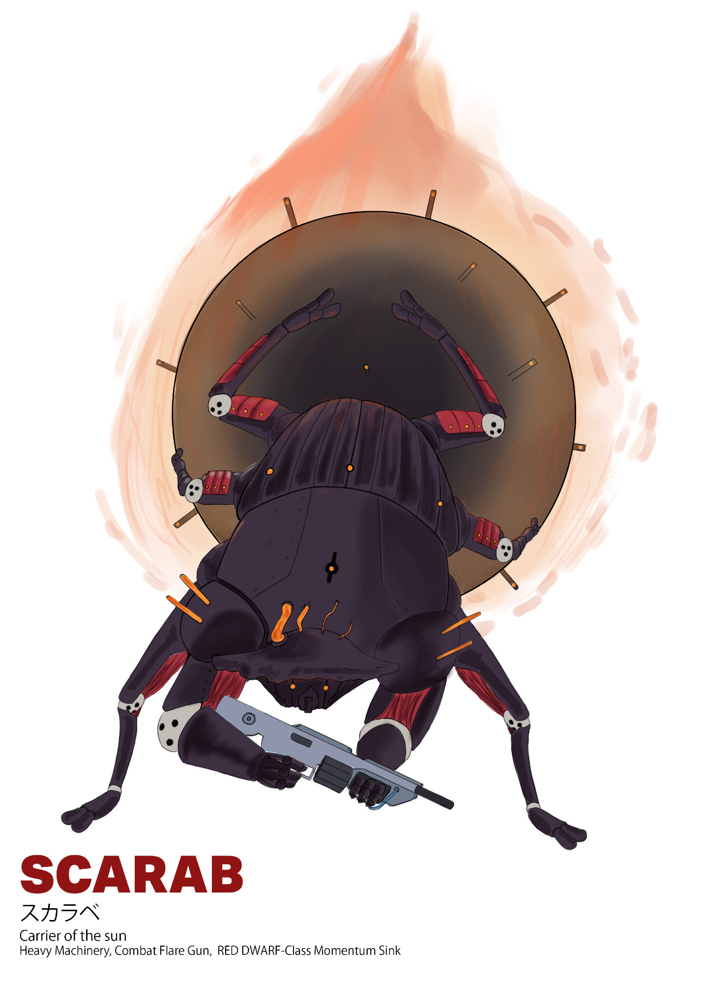 My own original design for a LANCER RPG mech frame, it's resembling a black dung beetle or Scarab that rolls a flaming ball that contains a nuclear reactor with heat rods sticking out of it, the same rods and similarly colored tubes stick out of the Scarab, it's holding a sci-fi rifle and its joints are pure white with muscle-like fibers on the underside of its limbs.