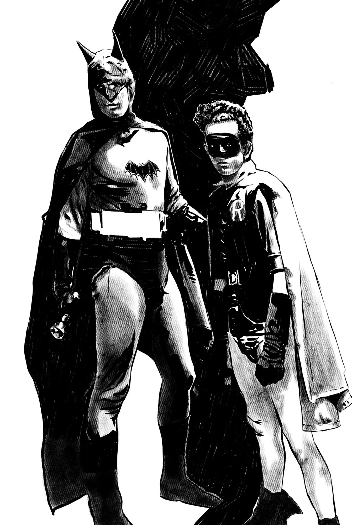 A b/w drawing of the serial version of Batman and Robin