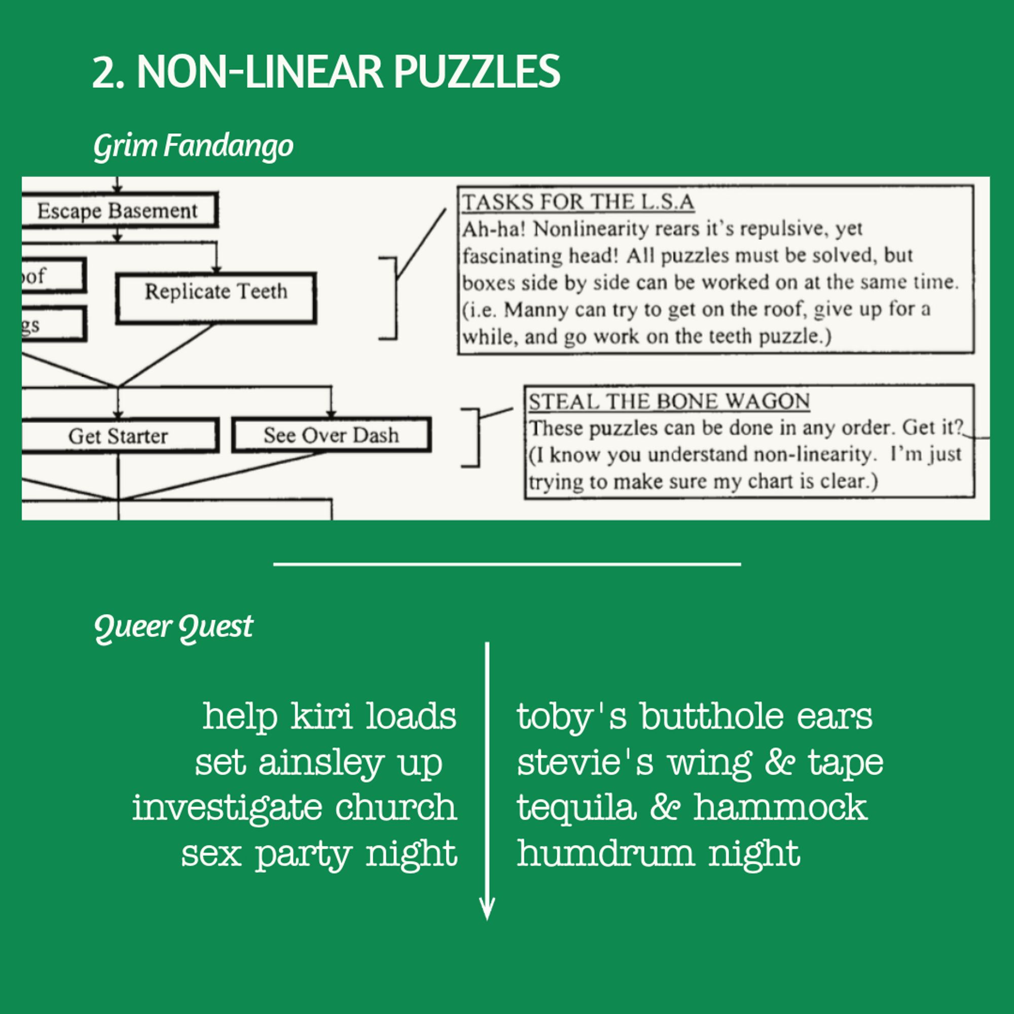 Non linear puzzles. From the grim fandango doc: Non linearity rears it's repulsive, yet fascinating head!"