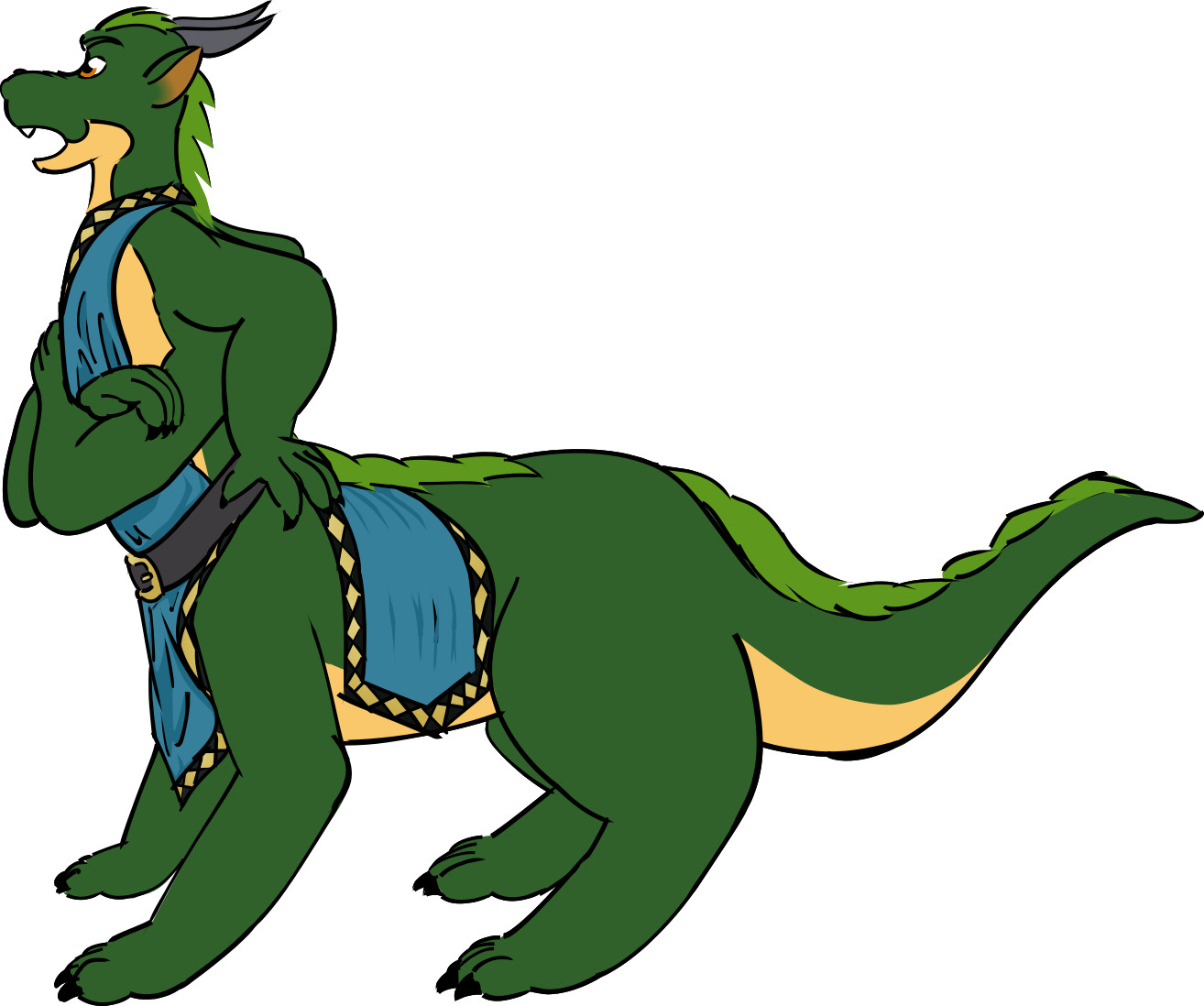 A green dragon with four arms and four legs wearing a tunic with a golden trim, the back of it draped over to the viewer's side. He appears to be talking to someone off screen.