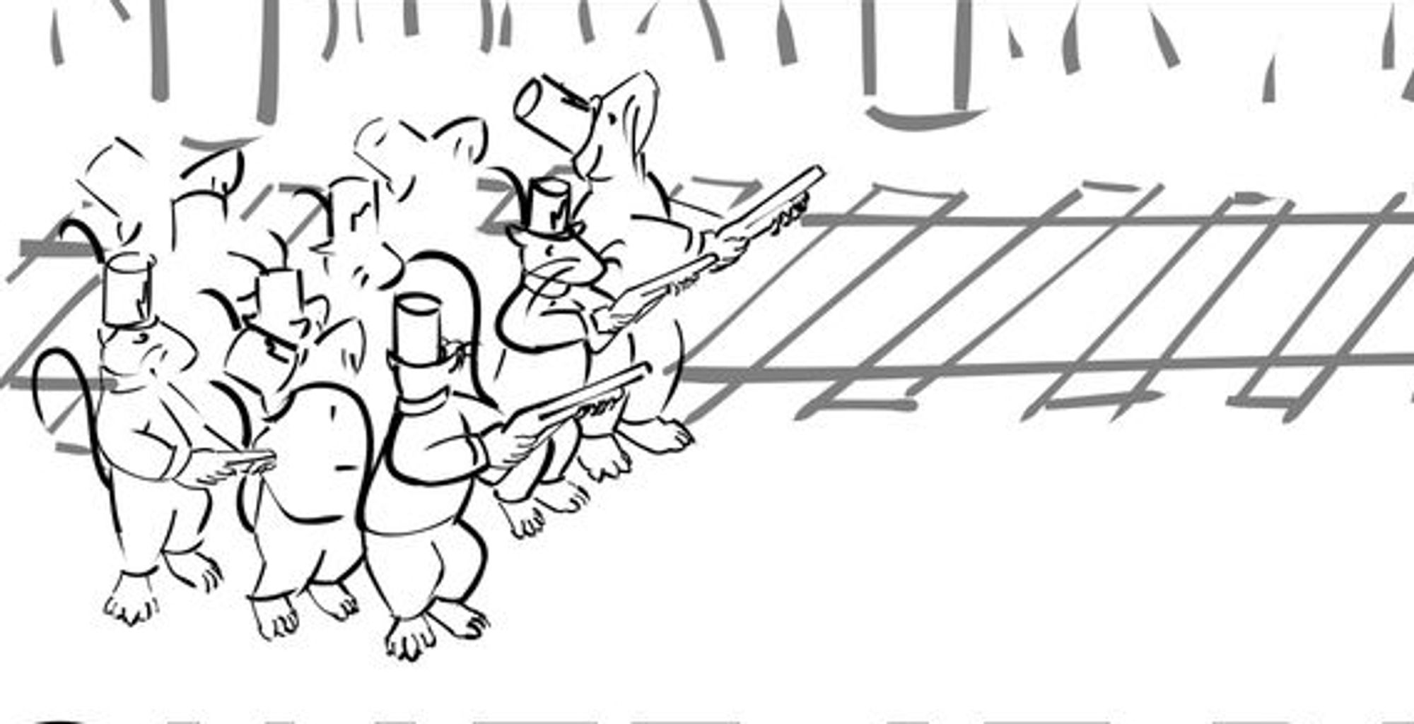 freehanded ink drawing of a squad of 10 rats in rifelmen uniforms look at each other uncertainly, lowering their aimed rifles, on the edge of a wide-gauge railroad track