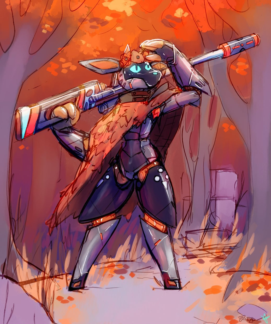 Willow "Ayre" Eve, a robot styled after a deer. They are looking around an autumnal forest with a sniper rifle slung over their shoulder.