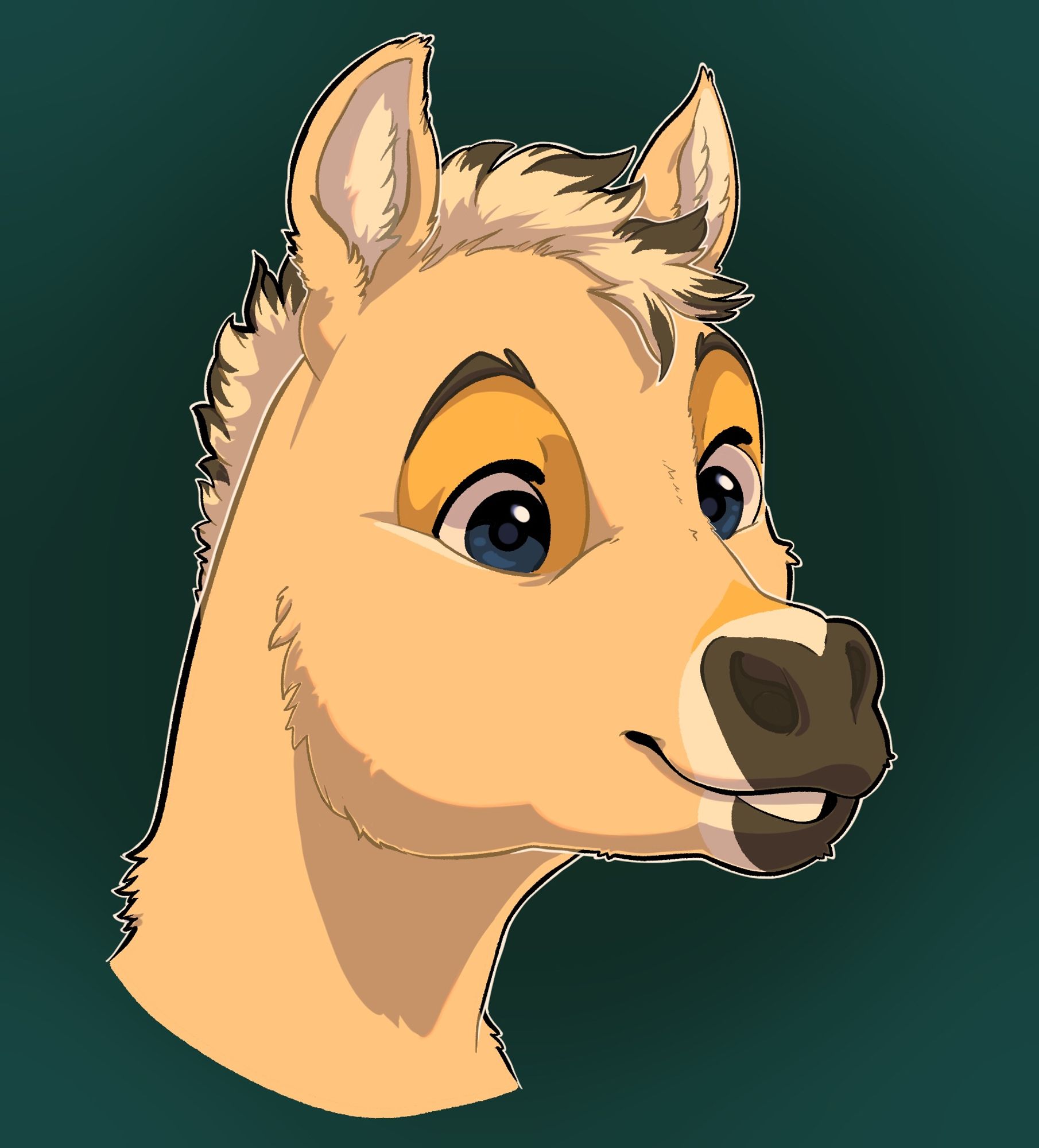 A drawing of my fjord horse fursonas head smiling 