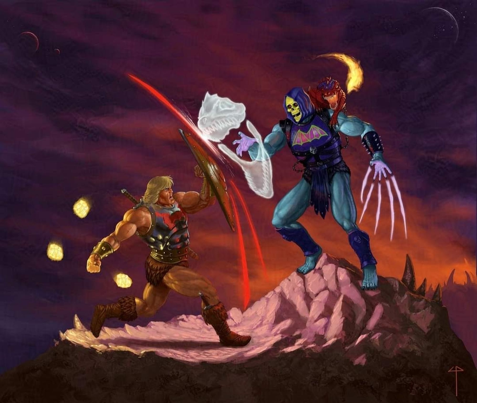 Painting of Flying Fists He-Man fighting Terror Claws Skeletor.