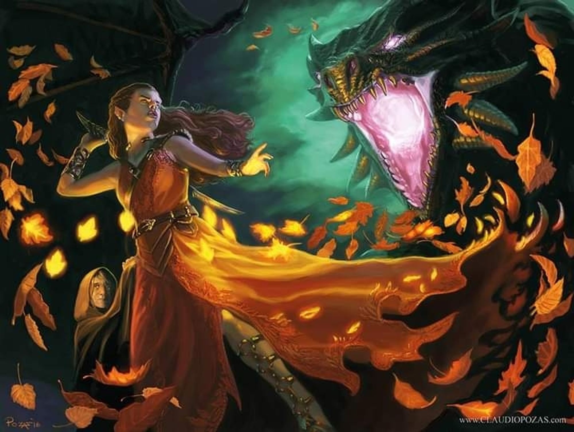 Painting of a half-elven druid and human child in the middle of swirling leaves, being menaced by a roaring dragon.