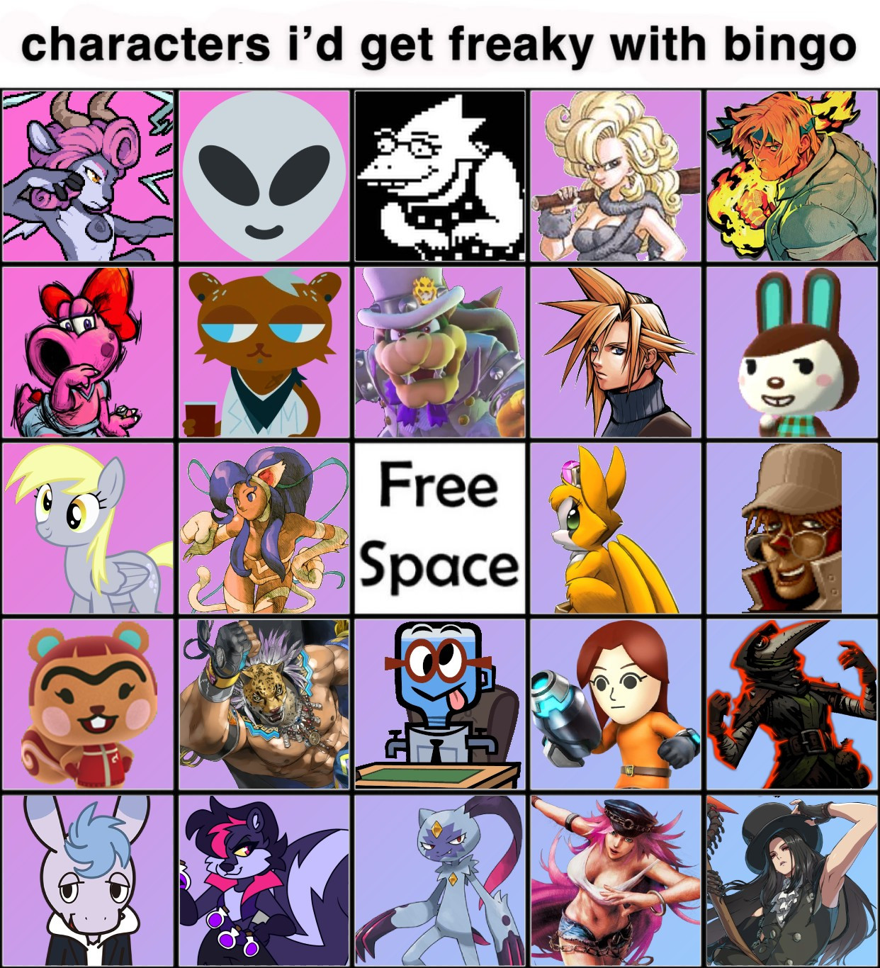 an image that is laid out like a bingo board. The label at the top reads "Characters I'd get freaky with bingo". The squares are filled in by fictional characters. For the sake of not having this image show up in searches for these characters I will not list them out. Sorry.