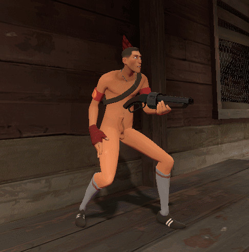 gif of scout from team fortress 2 performing his default scattergun taunt. He is slapping his thigh on the outside while trotting his feet in place to mimic that of a horse. He is fully nude and due to the motion of his movements it is causing his penis to bounce around in a circular motion. This is causing a "helicopter" effect. He is wearing a party hat on his head alongside long socks and shoes on his feet.