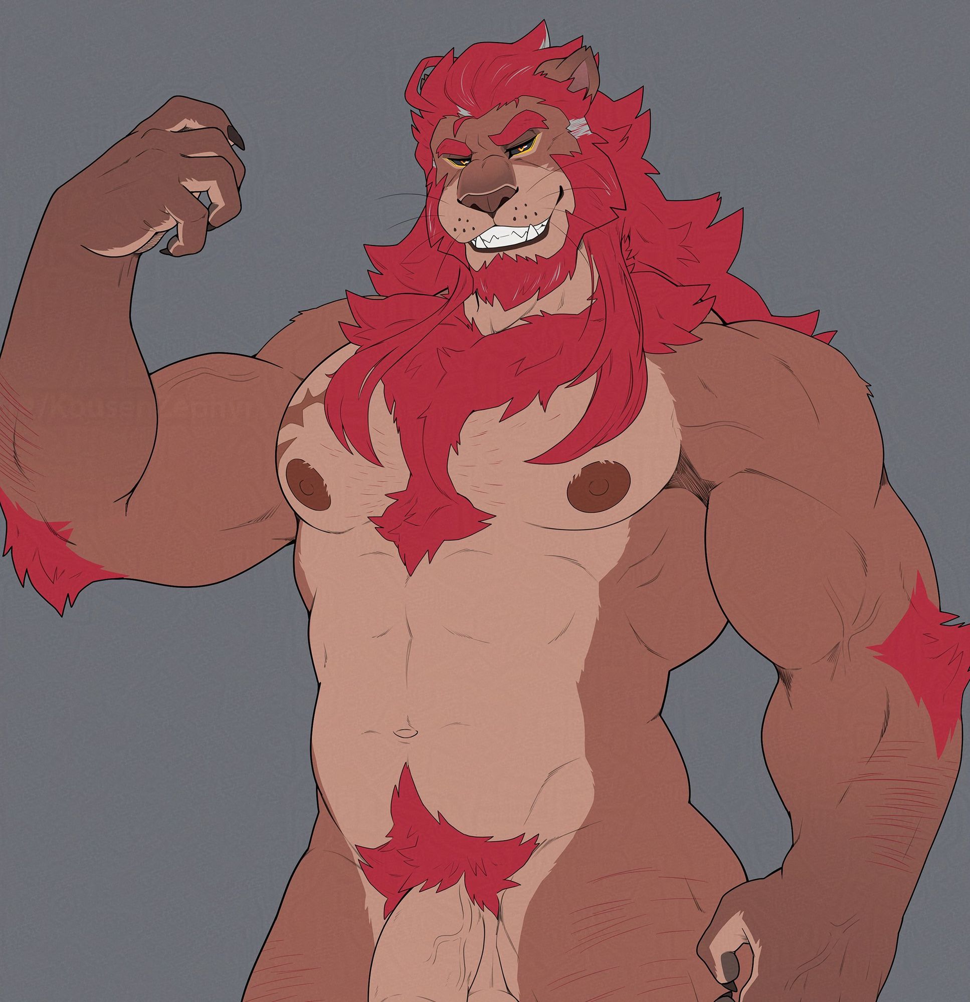 Lion Enzo looking smugly at the viewer, showing that damn smirk of his, his bicep, chest and cropped just before the full hog is in sight